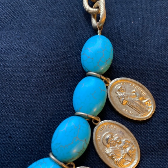 Turquoise and Gold Religious Medal Charm Necklace - Picture 8 of 11